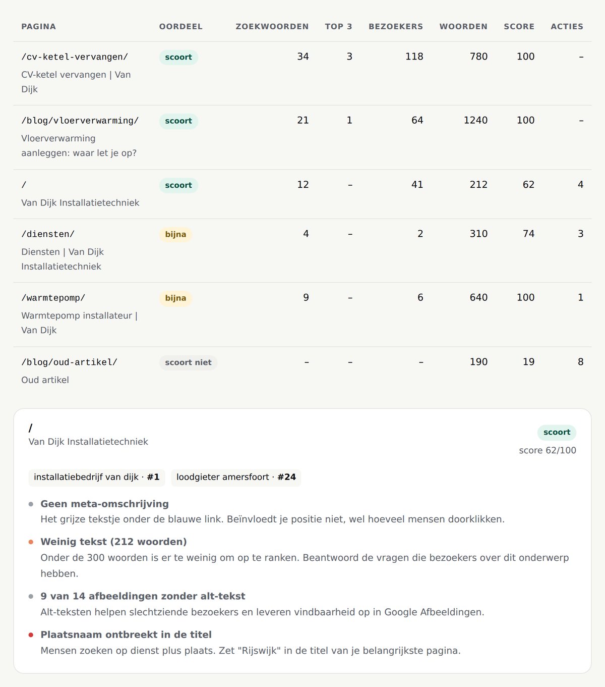 Overzicht per pagina met zoekwoorden, posities, geschatte bezoekers en per pagina een lijst met acties