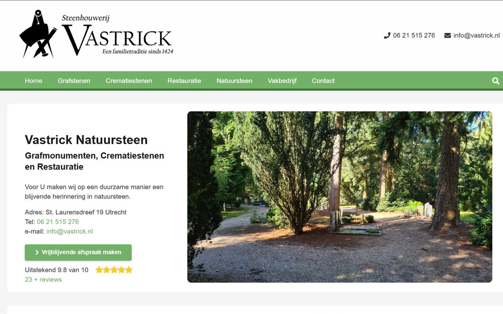 Screenshot van de website van Steenhouwerij Vastrick